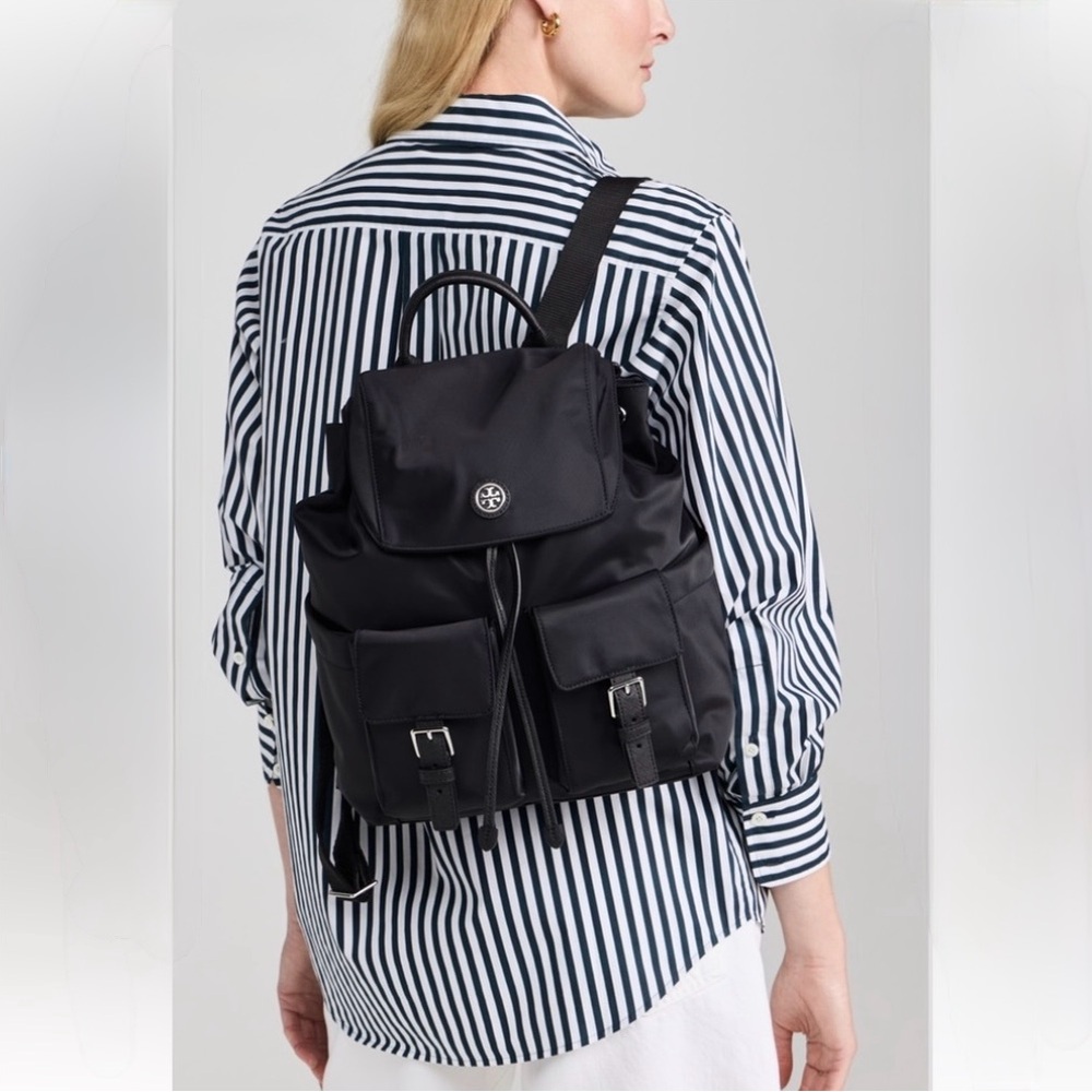 Tory Burch Black Nylon Drawstring Backpack